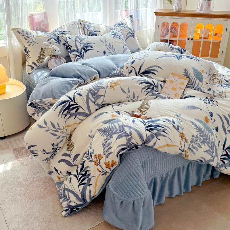 冬季牛奶绒四件套床盖款加厚保暖被套双人防滑设计防静电工厂直发