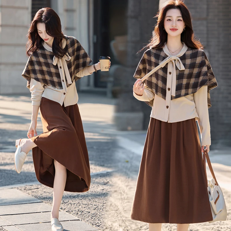 美拉德格纹拼接针织套装女2025年春秋新款高级感气质半身裙两件套