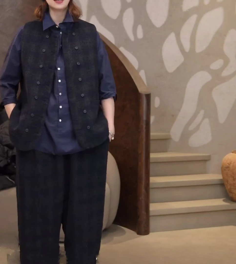 Li Wang/里望设计师款 色织羊毛内托亚麻格纹套装马甲+裤子分开拍