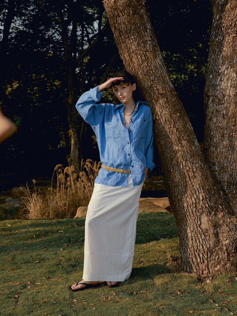 SEEKSIMPLE 中腰尼龙抽绳后开衩直筒长半身裙D0313