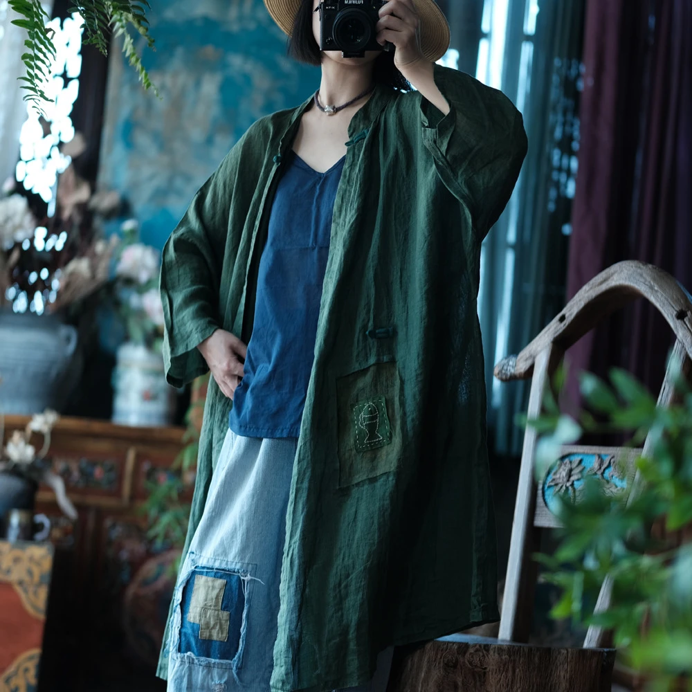 小泥姑娘原创设计文艺复古苎麻纯色盘扣补丁衬衫外披长袍0185林钟