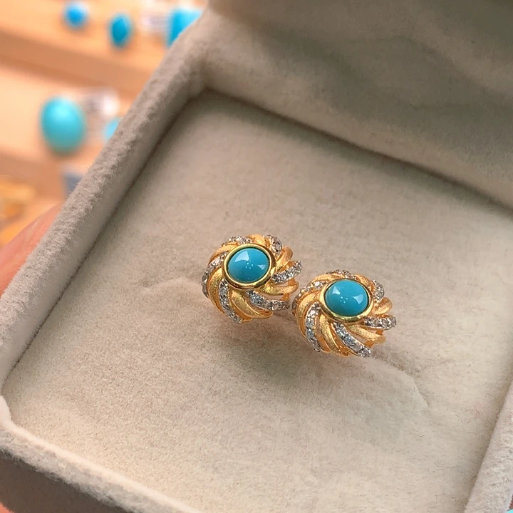 绿松石银S925镶嵌耳钉