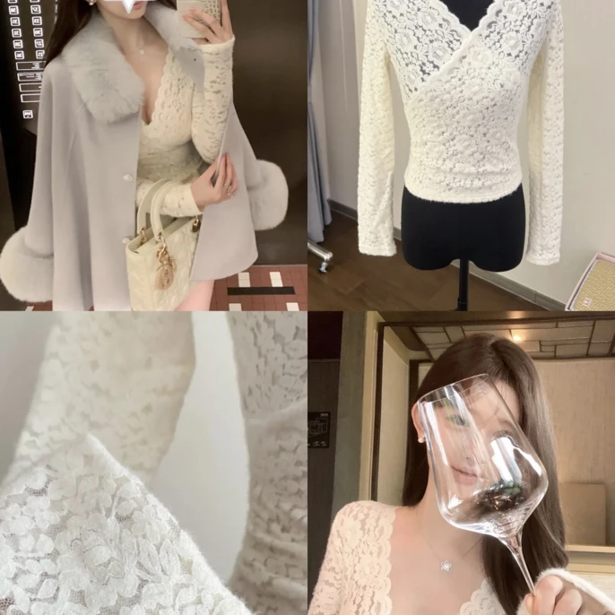 温柔纯欲气质感v领立体蕾丝针织衫