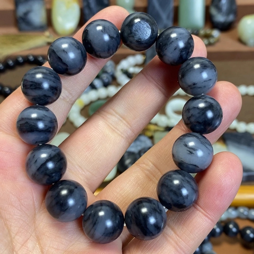 和田玉未镶嵌手串新疆和田玉青花水墨意境15圆珠手串