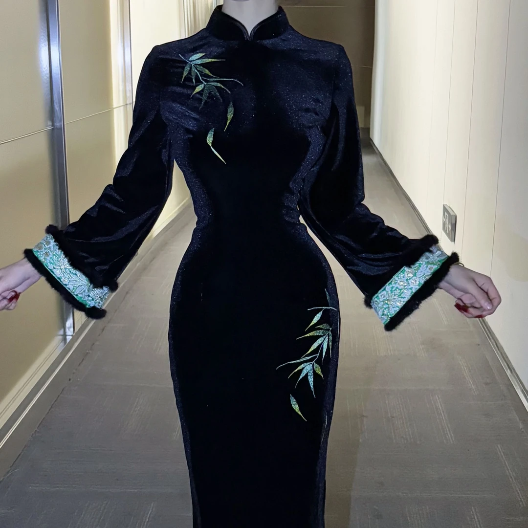 LHMknk1画报夫人原创自制高级玉竹刺绣真水貂毛旗袍玉竹倒大袖