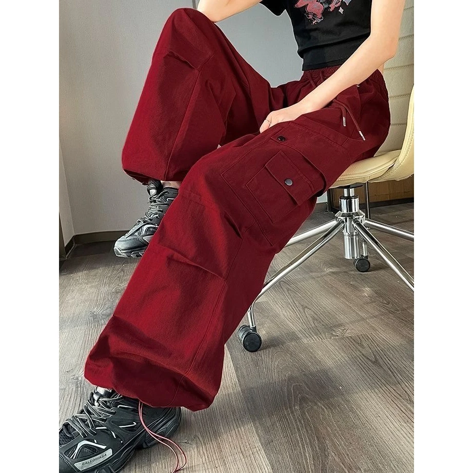 加绒加厚安可拉红美式秋冬直筒工装裤女2025新款休闲宽松运动裤女