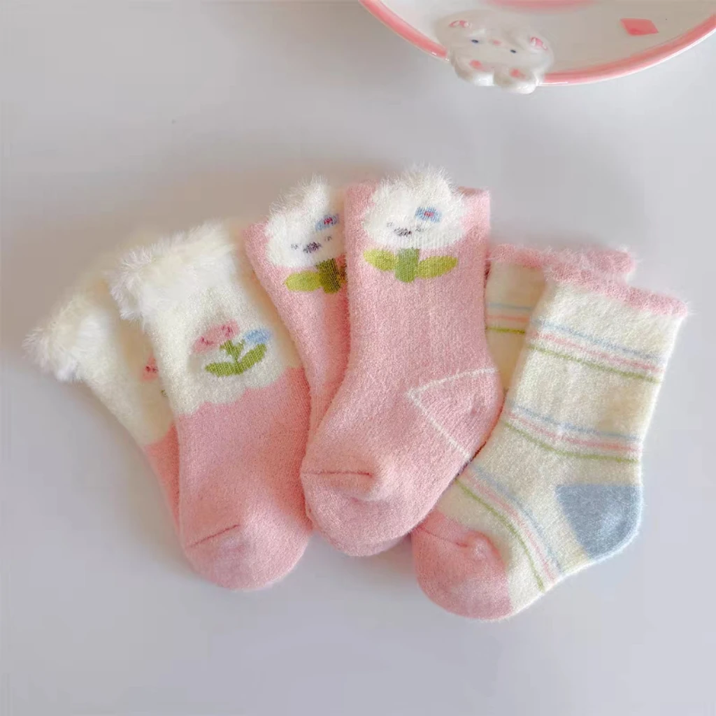 婴儿袜子冬天保暖新生儿女宝宝中筒袜无骨加厚0-3个月胎袜加绒袜