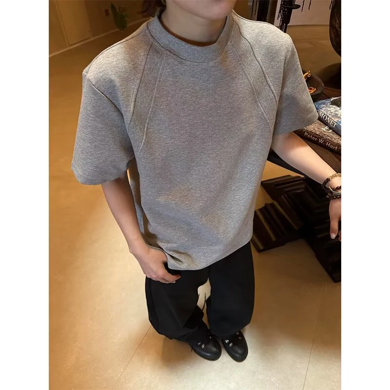 280g太空棉拼接T恤男女抗皱纯色半高领打底上衣休闲短袖男生潮