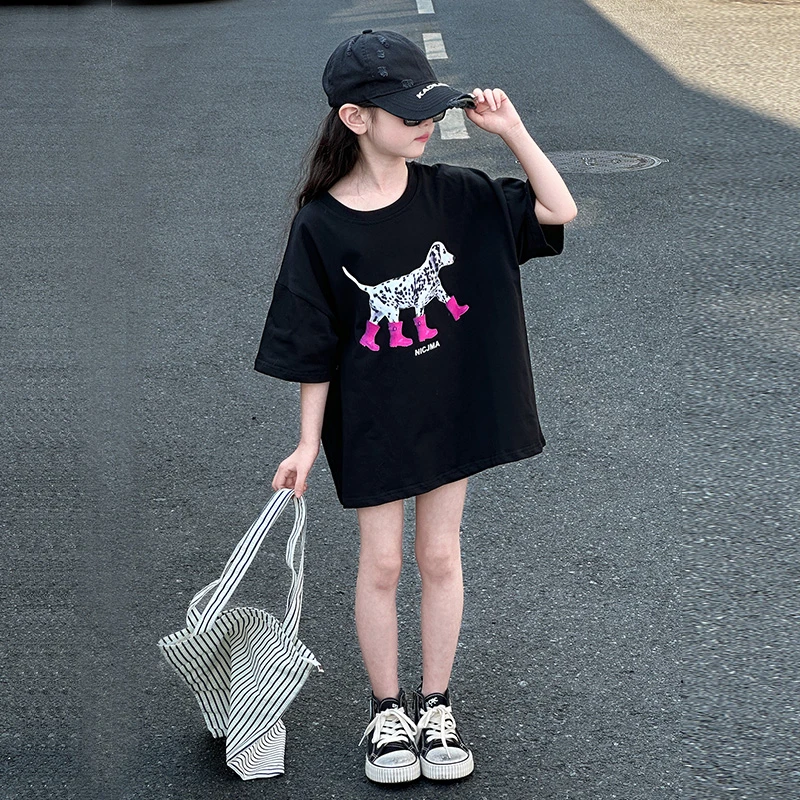 女童美式复古卡通小狗短袖T恤女夏季穿搭设计感小众宽松潮流上衣