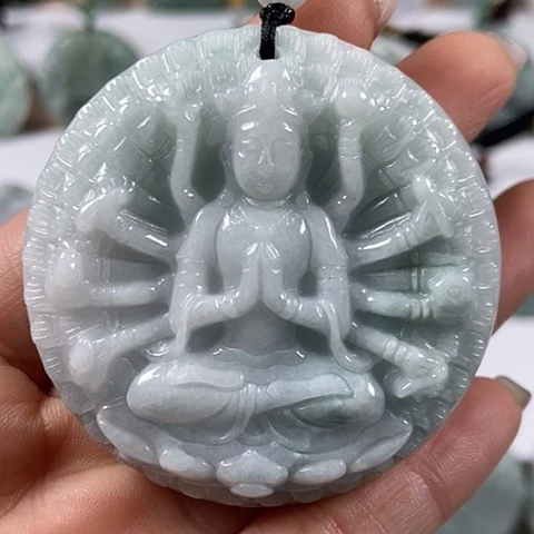 翡翠颈饰未镶嵌山水千手观音两面工福利有棉线福利