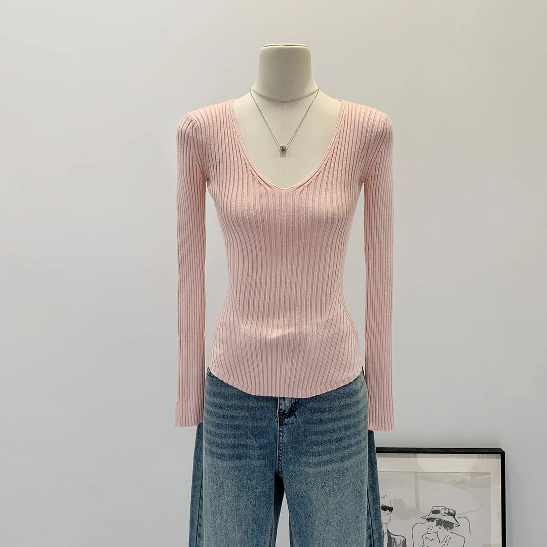 【部分现】秋季V领坑条长袖针织衫软糯毛衣收腰修身打底衫秋冬M1018