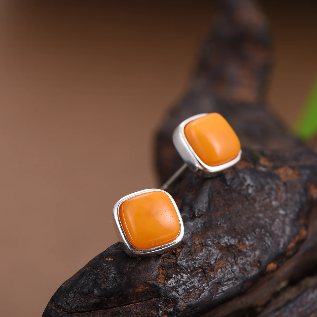 S925银蜜蜡小方形耳钉