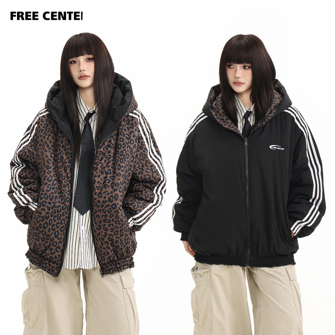 FreeCenter双面穿美式复古豹纹夹棉夹克男女宽松连帽厚款棉服外套