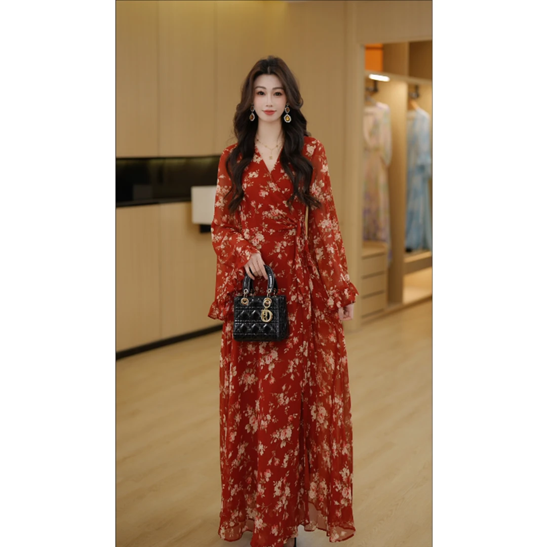 2025春新款优雅长袖轻奢温柔慵懒显瘦时尚长款气质遮肉连衣裙女
