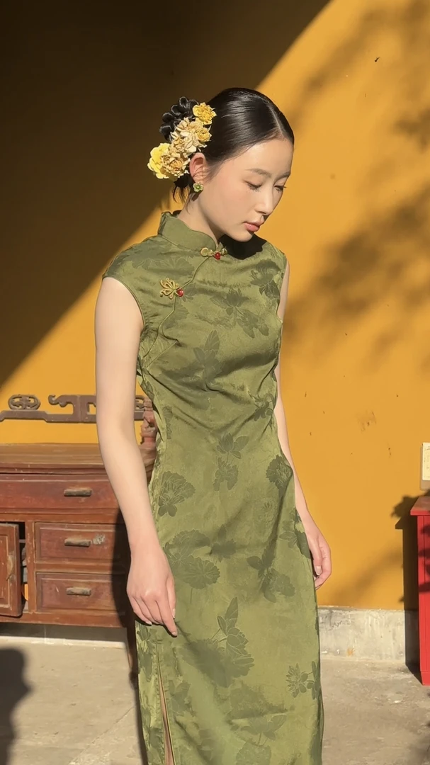 吴(暮色）衣长115中国风黄色单层显白气质显瘦改良旗袍绿色新中式