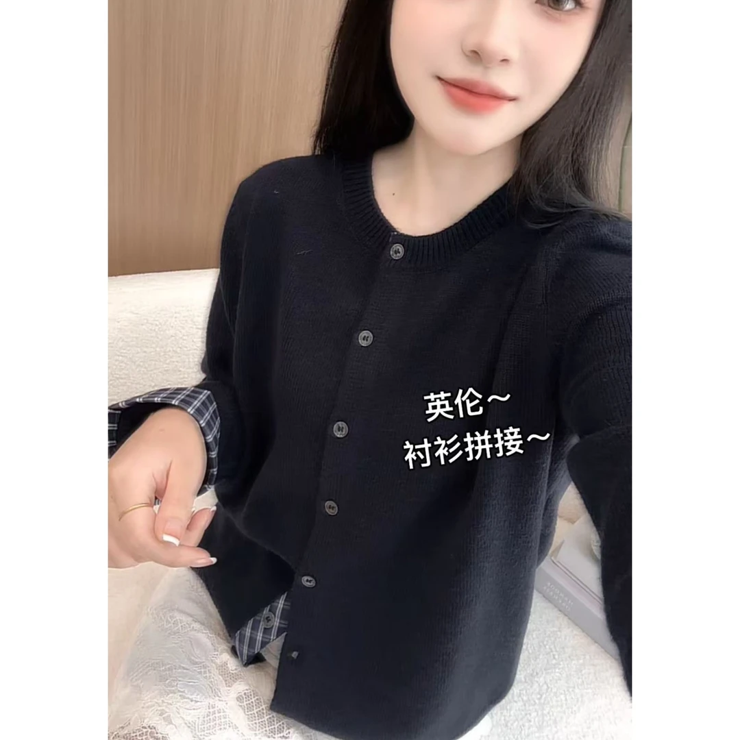 丽姐家~英伦衬衫拼接藏青小香风长袖短款时尚百搭宽松韩版715