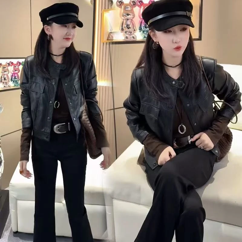 时尚韩版接头风短外套2025秋季新款显瘦洋气立领黑色百搭休闲上衣