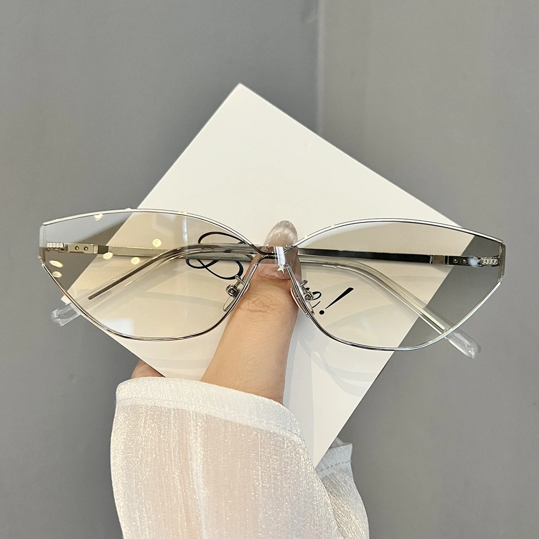 laoping 2025新款金属边框猫眼墨镜气质银连体不规则窄框太阳眼镜