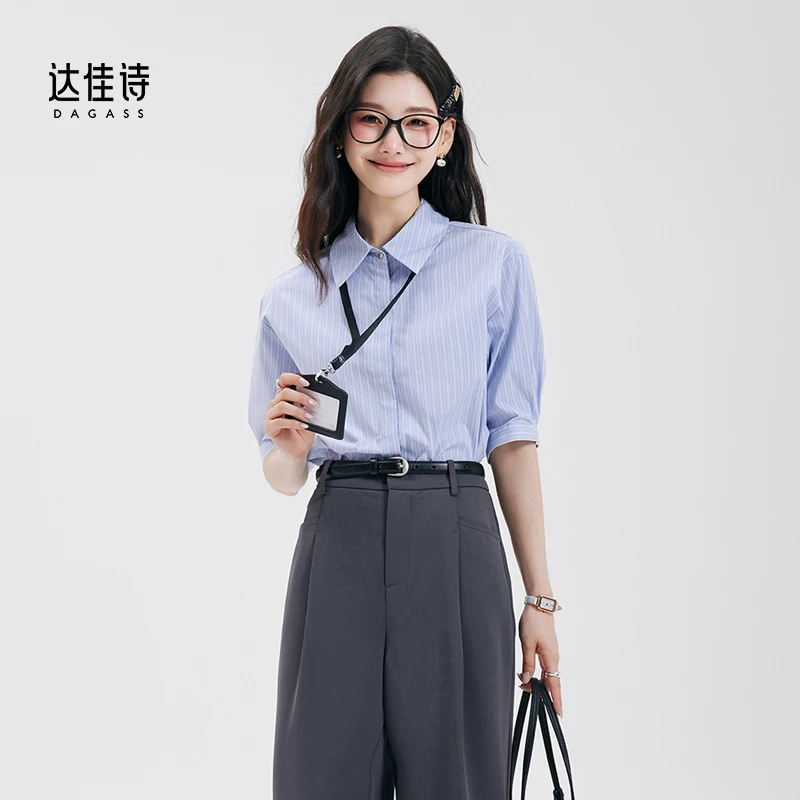 达佳诗-正式职场 蓝条纹衬衣女款夏短袖干练质感职业通勤面试衬衫