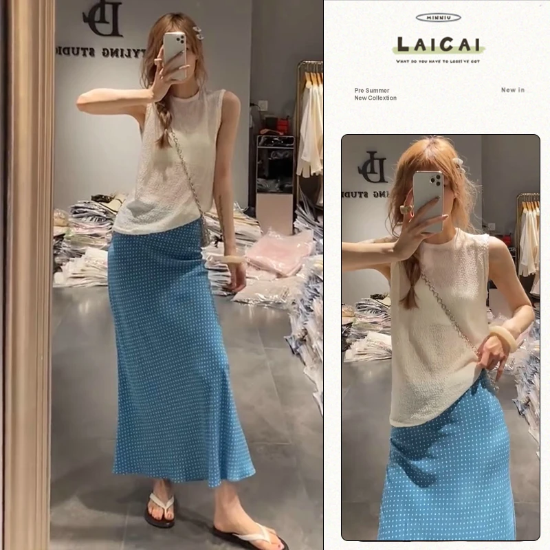 C384+C385夏季法式松弛感圆领无袖宽松背心上衣波点包臀裙两件套
