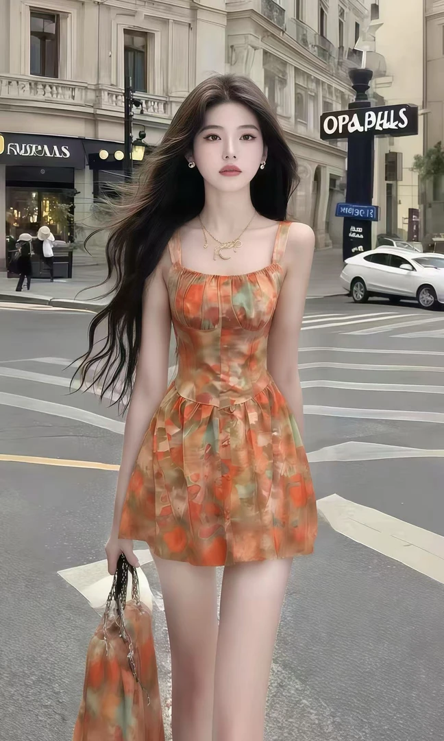 轻奢时尚高端大气短裙甜美风橘色吊带方领修身收腰设计感连衣裙女