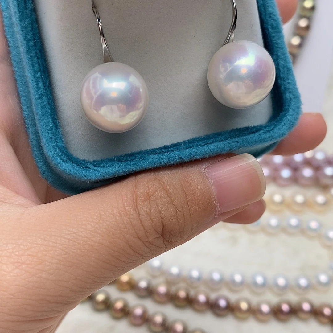 银S925镶嵌淡水珍珠耳饰14-15大龙珠