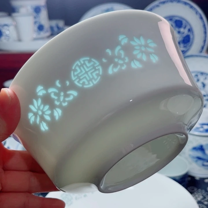 青花玲珑6.5寸面碗花雕小失圆