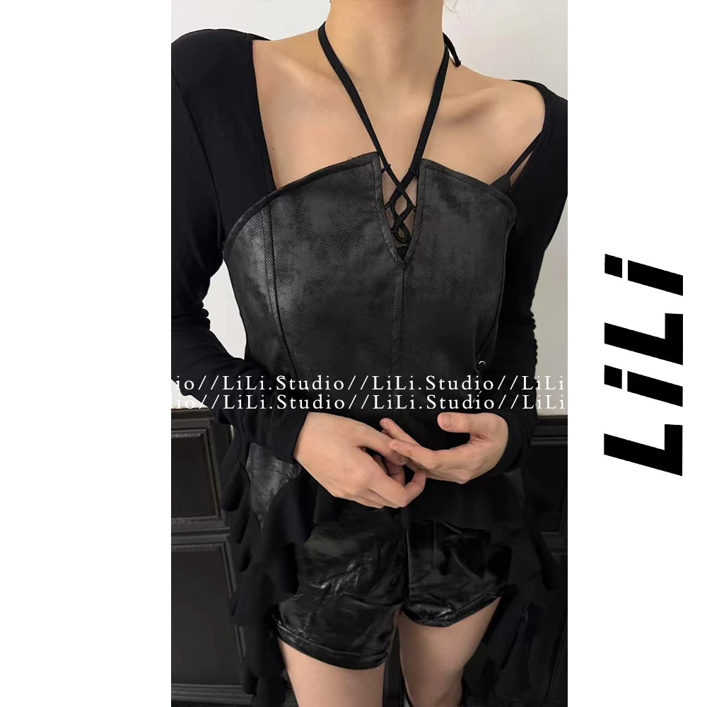 【李里家福利】不规则挂脖收腰女小众设计感辣妹修身显瘦短款上衣