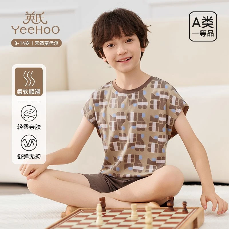 英氏青少年家居服套装复古洋气套头短袖短裤25年新款两件套M儿童