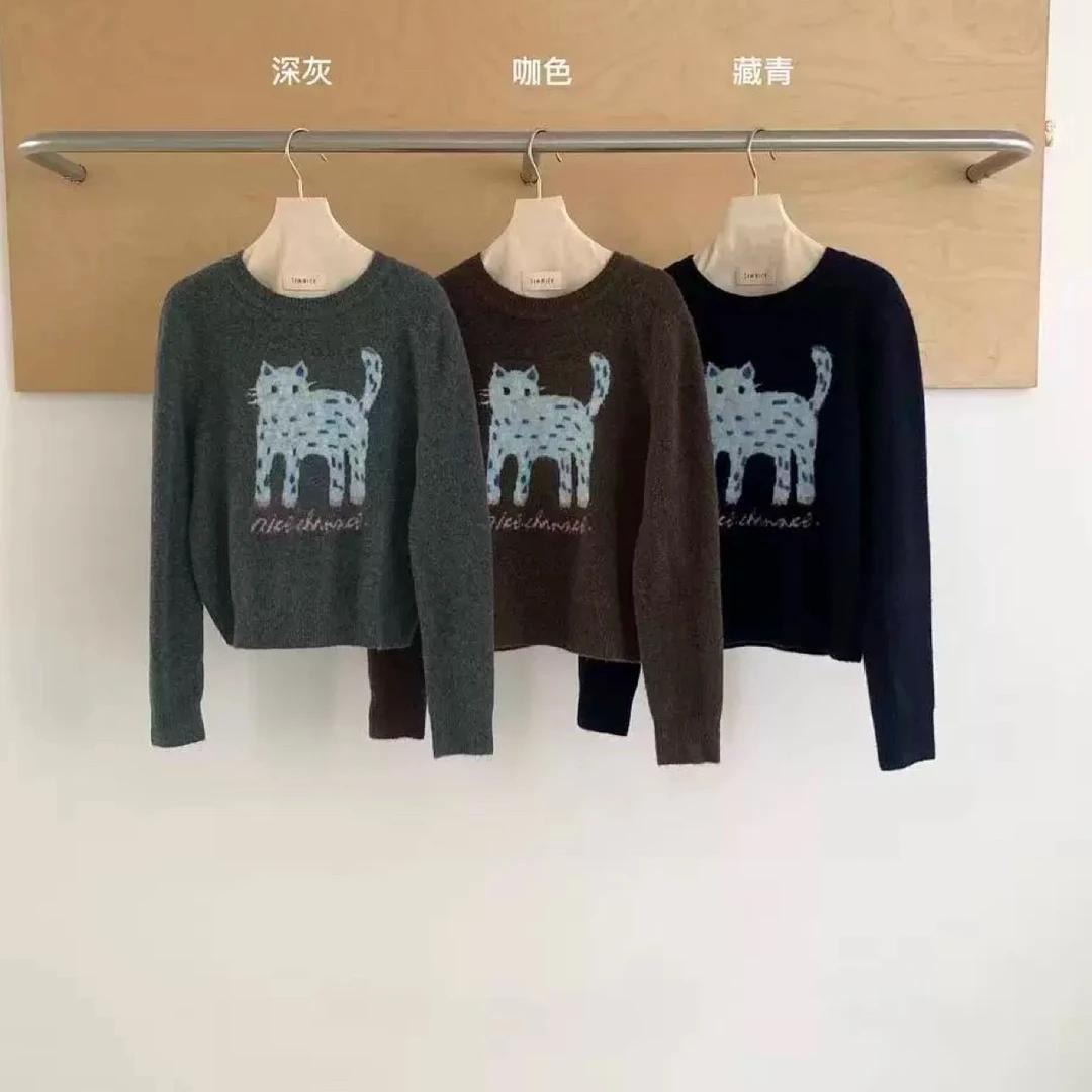 7283猫咪图案圆领毛衣