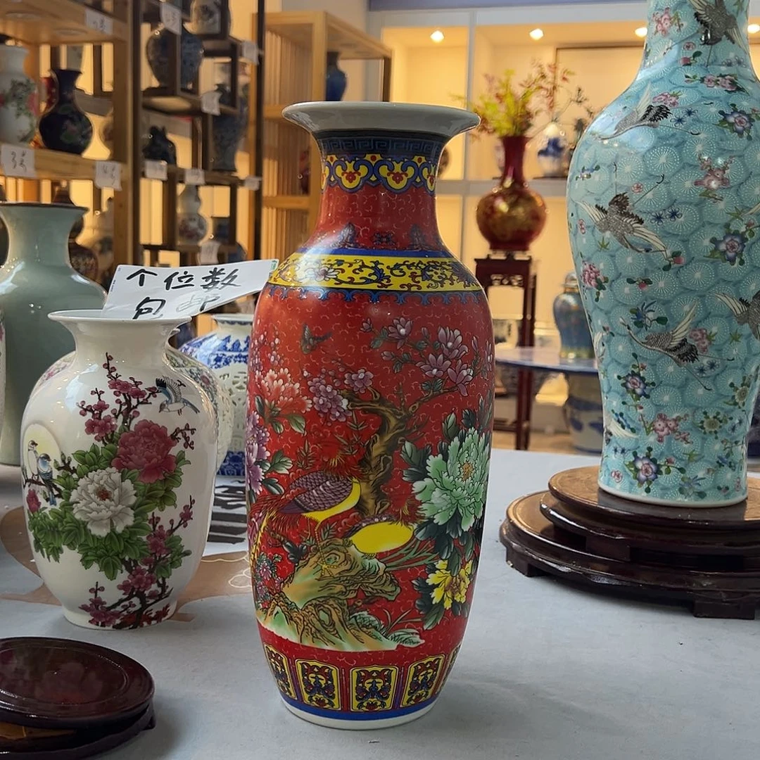 陶摆件35cm红色花鸟冬瓜瓶