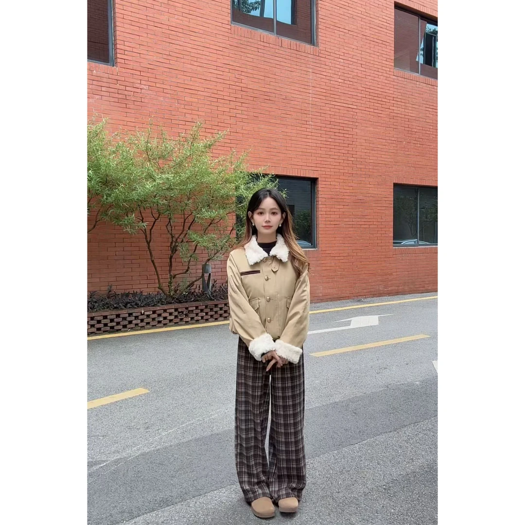 【现货】秋冬加绒格纹百搭松紧腰时尚休闲秋冬格子休闲裤-8676