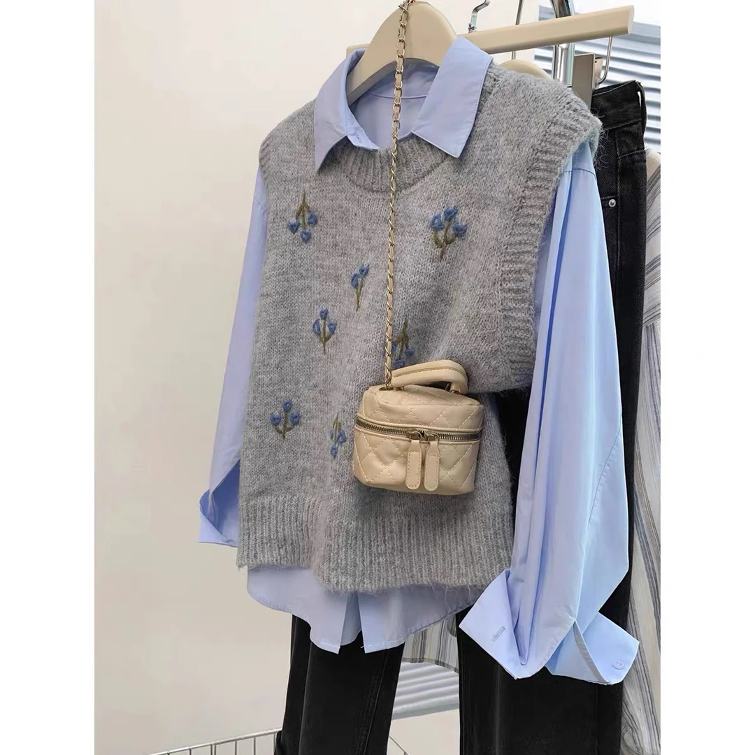 春季新款v领针织马甲背心灰色学院风减龄百搭