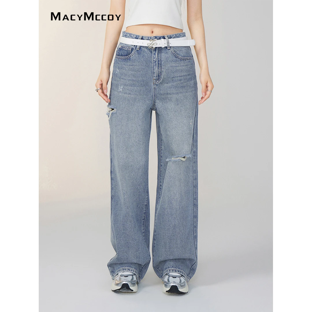 【毛毛专享】MacyMccoy刀割破洞牛仔裤女夏季新品旧百搭显瘦长裤
