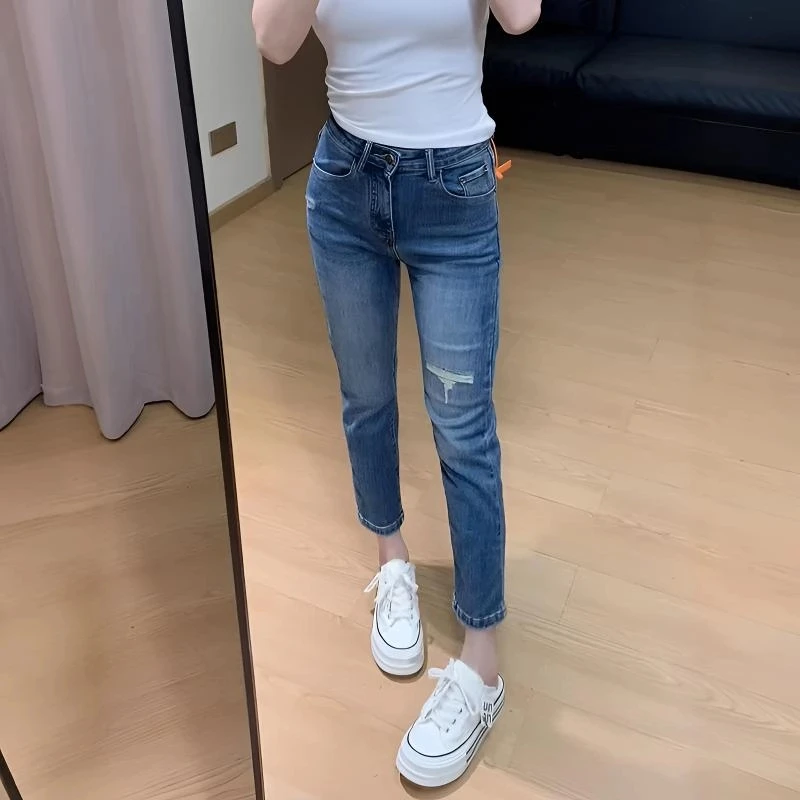 大码女装弹力修身直筒破洞九分牛仔裤春夏新款百搭复古显瘦烟管裤