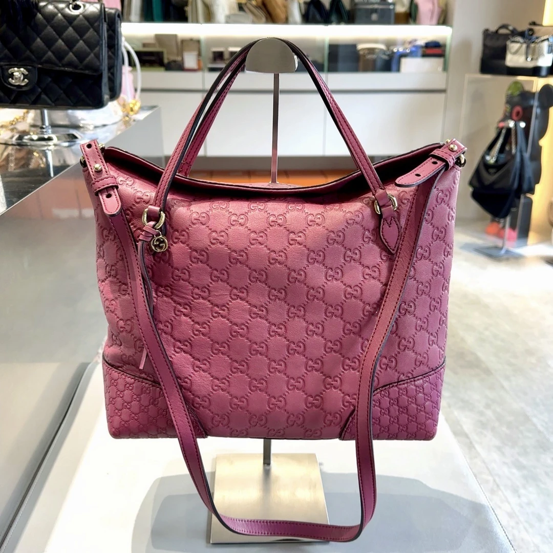 95新 GUCCI/古驰 全牛皮logo玫红色手提斜挎包  复古感十足