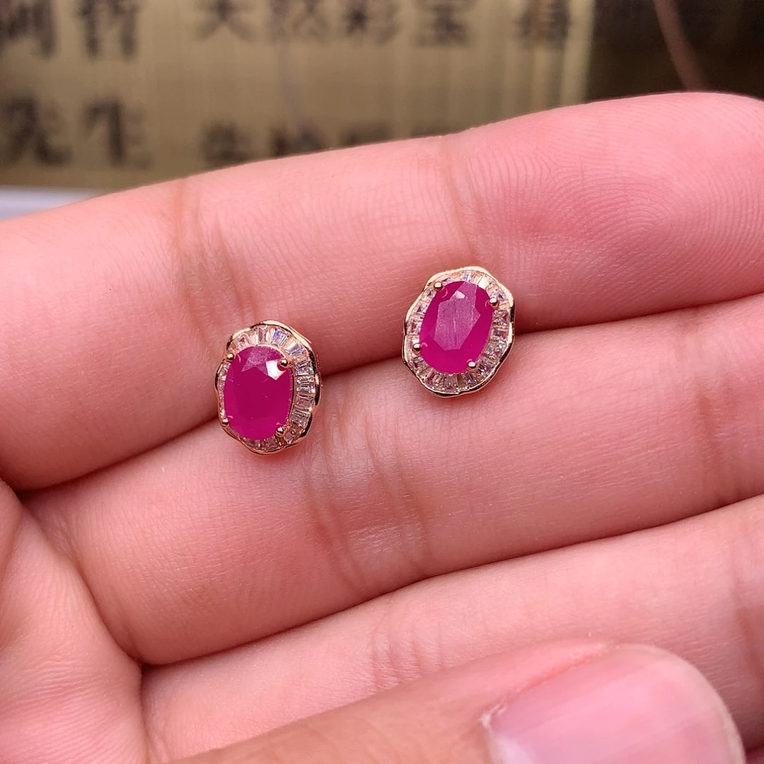 红宝石耳饰银S925镶嵌