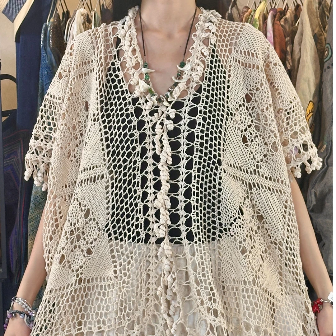 镂空通勤防晒拼接喇叭袖毛针织衫蕾丝外披长款坎肩针织外搭