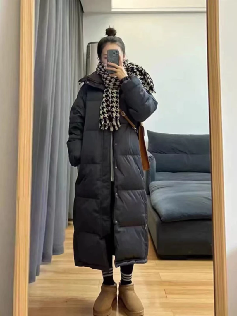 2025年冬季长款羽绒服女超长过膝加厚宽松连帽款款情侣中戏冬外套