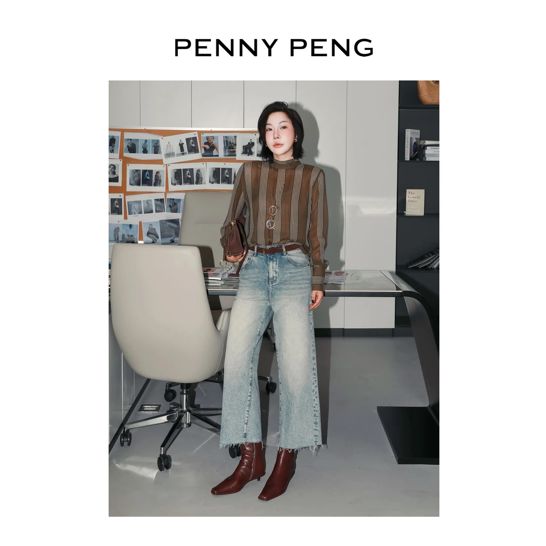 PENNYPENG雾棕条纹慵懒感时尚气质半透条纹休闲真丝圆领长袖上衣