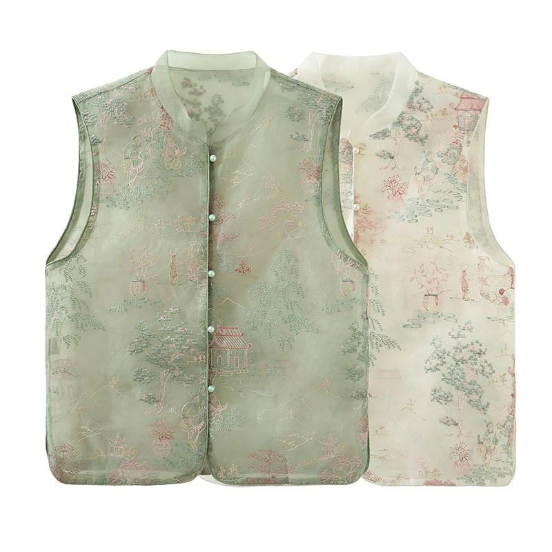 （亭台楼阁）中国风新中式马夹提花绣花百搭立领夏天宽松气质中国风