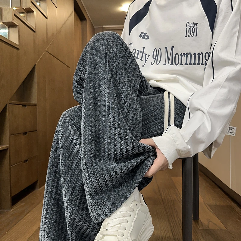 鱼骨纹肌理感休闲裤子男秋季2025新款高级感阔腿卫裤宽松直筒长裤