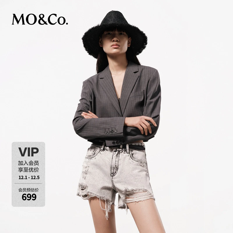 MOCO夏高比例绵羊毛精纺短款箱型条纹西装外套MBD2BLA006