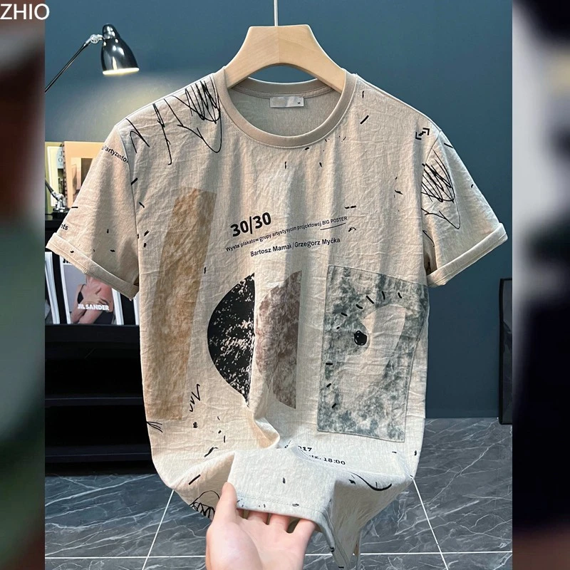 ZHIO复古短袖t恤男冰丝上衣服2025夏季新款高端男装修身印花体恤
