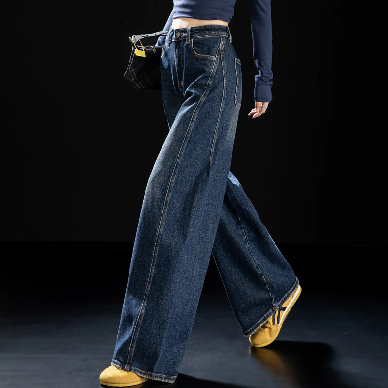 怀旧蓝解构加绒阔腿牛仔裤女2025裤子网红款秋冬加厚复古直筒裤女