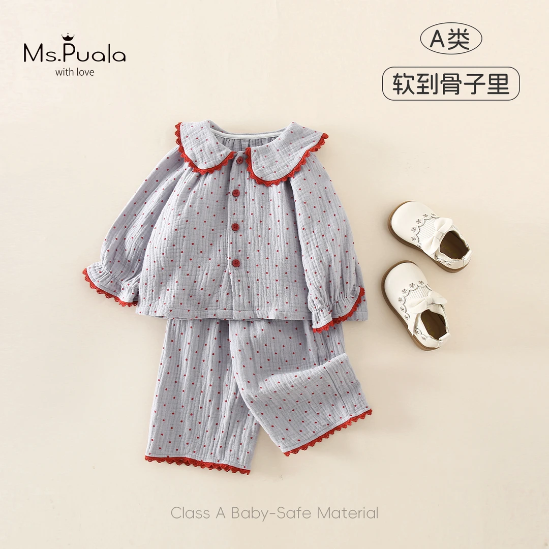 【Ms.Puala软软睡】童装婴幼儿女童家居服秋季娃娃领波点睡衣套装柔
