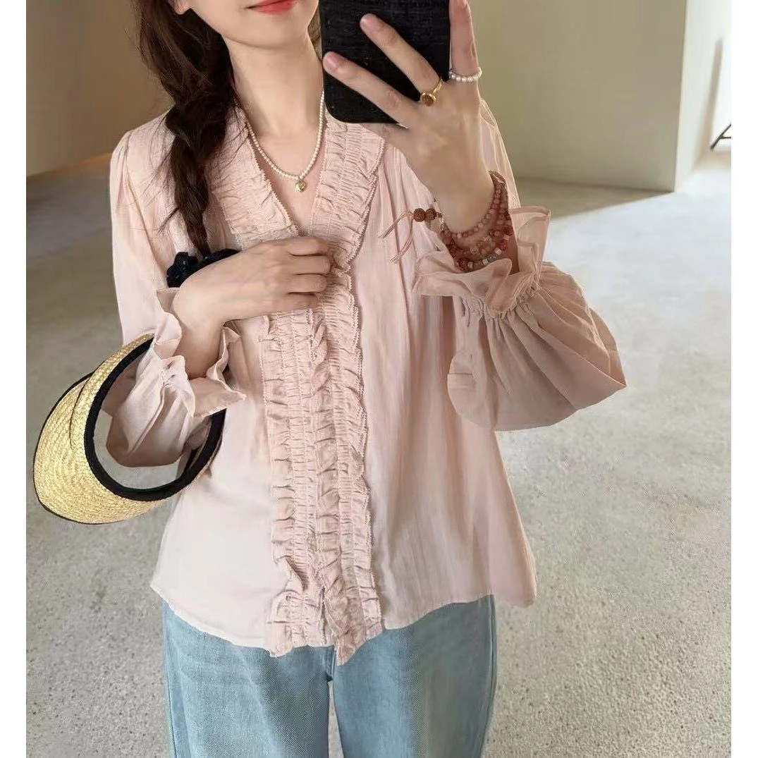 WATER-木耳边压褶设计短袖温柔风#8318