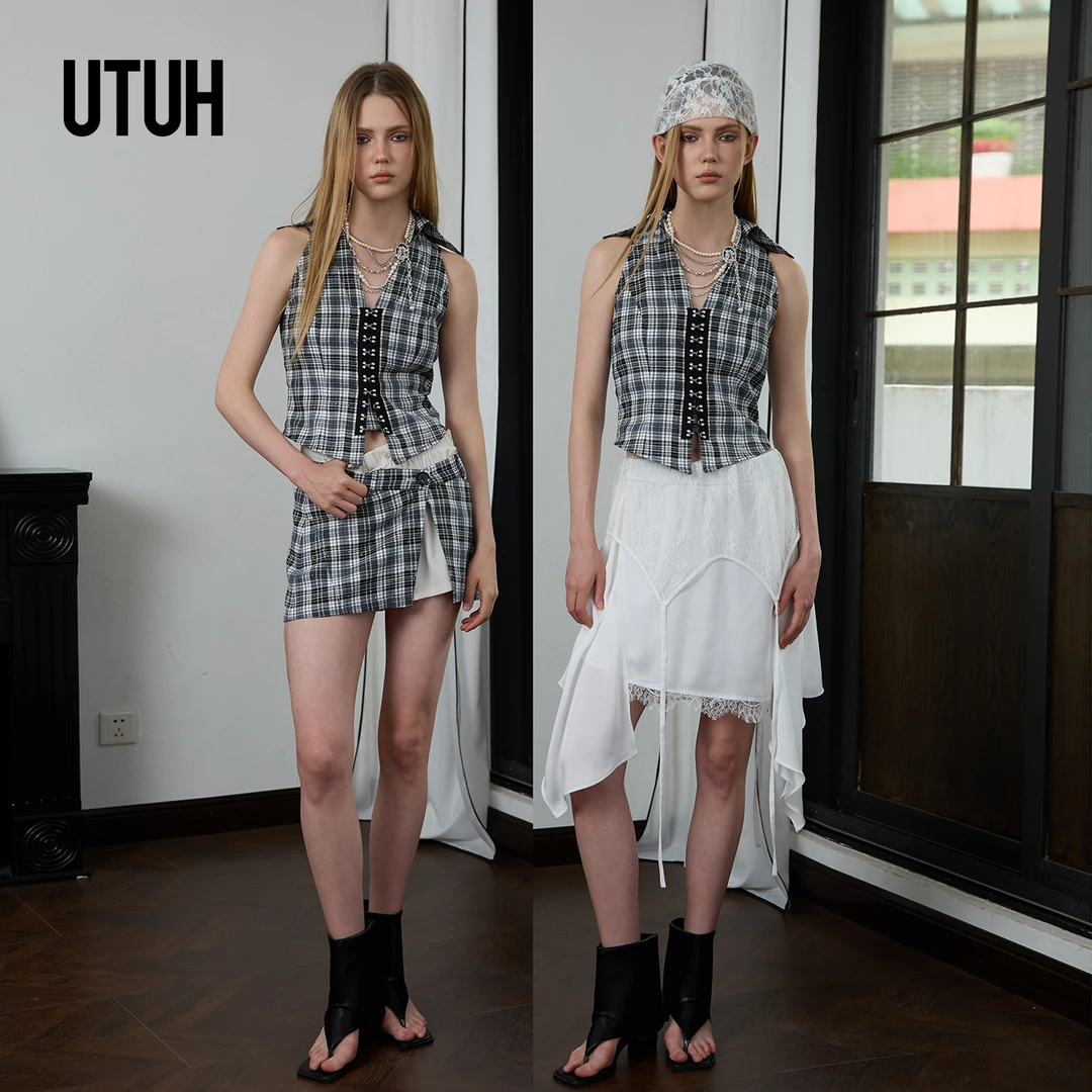 UTUH黑白经典格纹金属排扣重工设计马甲上衣25夏季新款TUWWR3W172