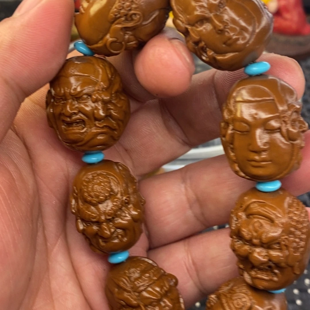 山鬼四面山鬼雕刻手串黄金树沉水核手串