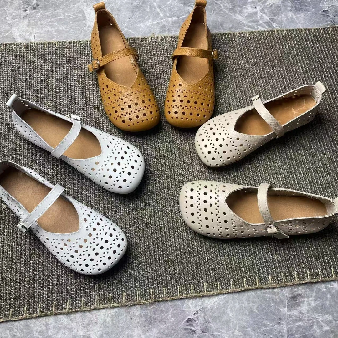 真皮新款圆头浅口透气洞洞鞋扣带平底鞋头层牛皮玛丽珍女鞋镂空鞋